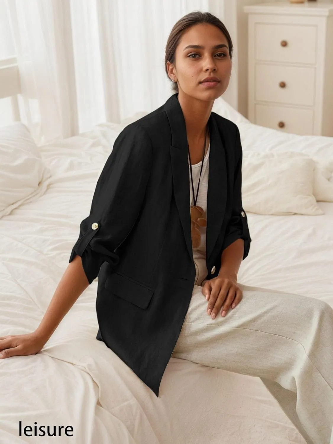 2025 Women's Summer Linen Blazer 3/4 Sleeve Long Lightweight Fully-Lined Trendy Casual Work Office Suit Jackets