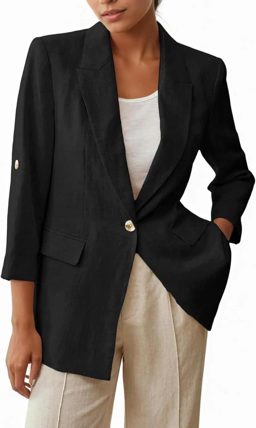 2025 Women's Summer Linen Blazer 3/4 Sleeve Long Lightweight Fully-Lined Trendy Casual Work Office Suit Jackets