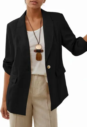 2025 Women's Summer Linen Blazer 3/4 Sleeve Long Lightweight Fully-Lined Trendy Casual Work Office Suit Jackets