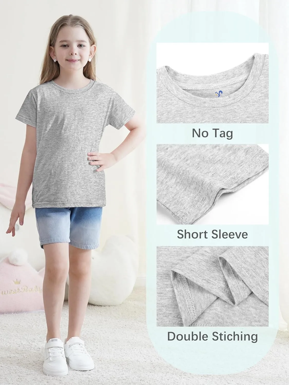 5 Pack Girls Shirts Short Sleeve Shirt for Girls Soft Cotton Tees Kids Tshirts Clothes Summer Tops T-Shirt