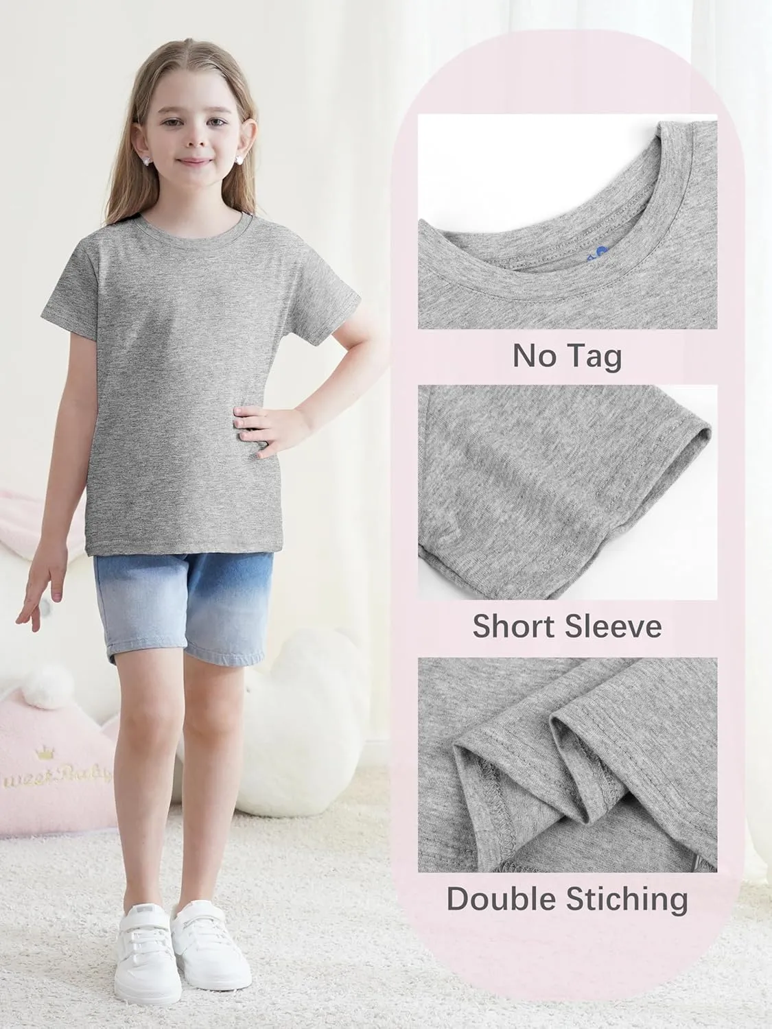 5 Pack Girls Shirts Short Sleeve Shirt for Girls Soft Cotton Tees Kids Tshirts Clothes Summer Tops T-Shirt