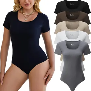 5 Pack Short Sleeve Bodysuits for Women Square Neck Casual Stretchy Basic Body Suits Tops T Shirts