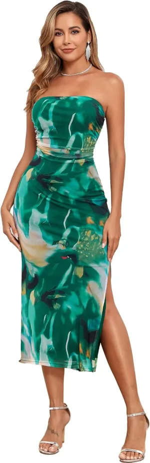ALENDA DANMOS Womens Strapless Printed Midi Dress with Slit Floral Mesh Tube Top Dresses Ruched Bodycon Party Club Dress 333