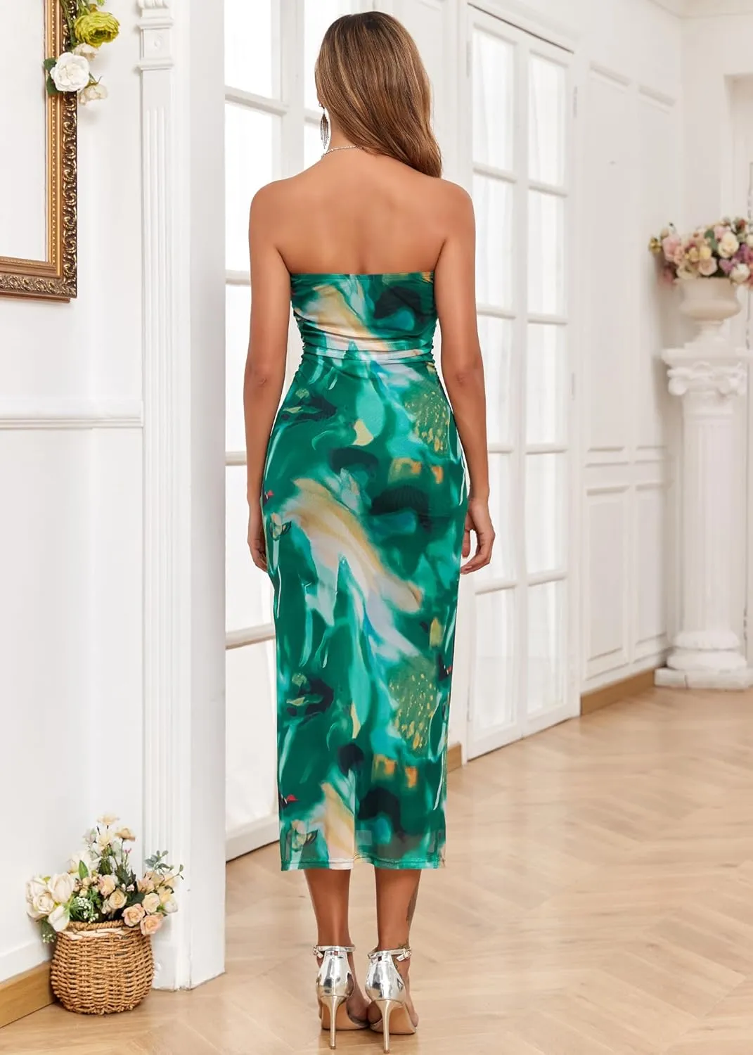 ALENDA DANMOS Womens Strapless Printed Midi Dress with Slit Floral Mesh Tube Top Dresses Ruched Bodycon Party Club Dress 333