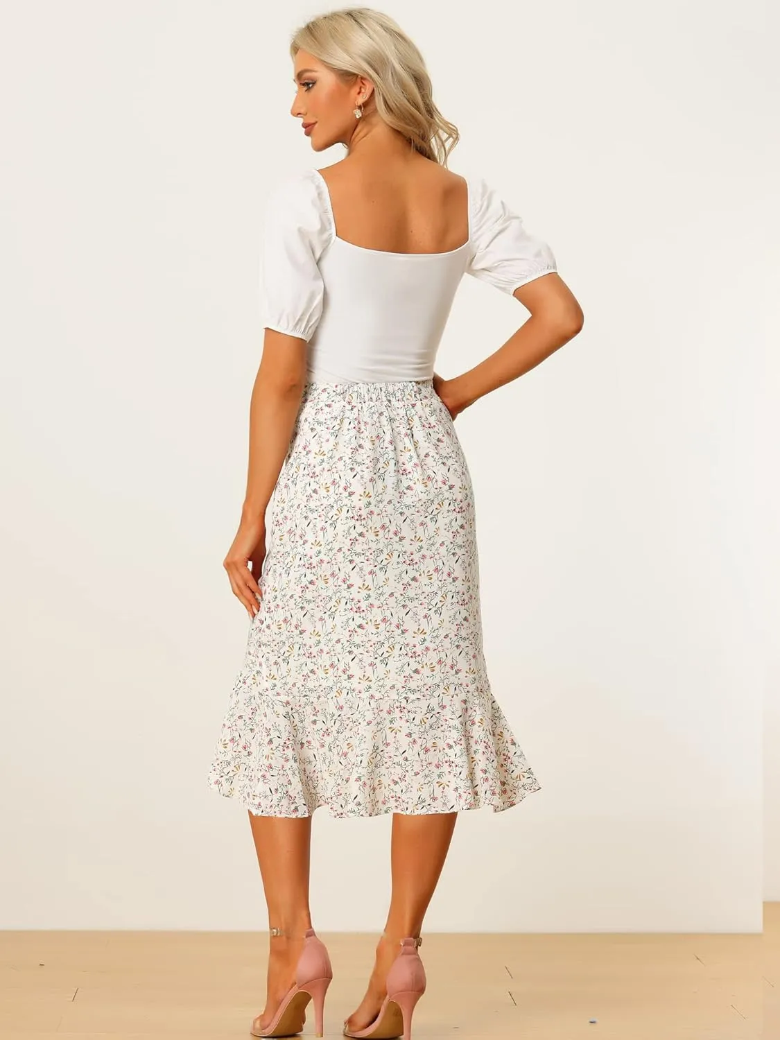 Allegra K Floral Midi Skirt for Women's Summer Casual Drawstring Side Ruffled Skirts