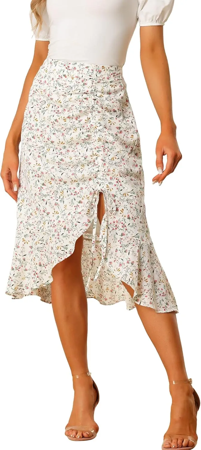 Allegra K Floral Midi Skirt for Women's Summer Casual Drawstring Side Ruffled Skirts