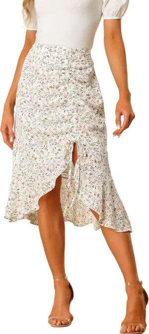 Allegra K Floral Midi Skirt for Women's Summer Casual Drawstring Side Ruffled Skirts