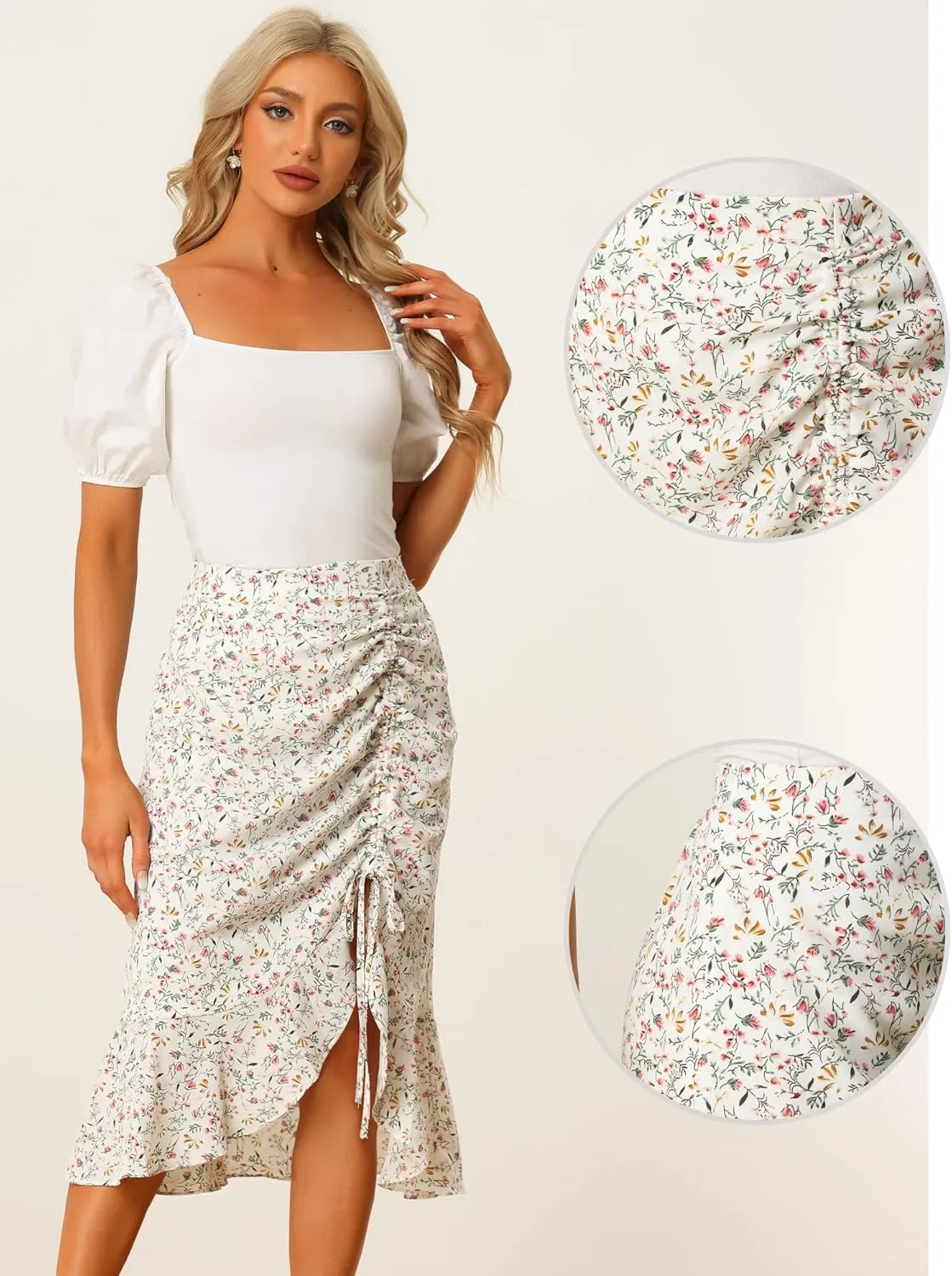 Allegra K Floral Midi Skirt for Women's Summer Casual Drawstring Side Ruffled Skirts