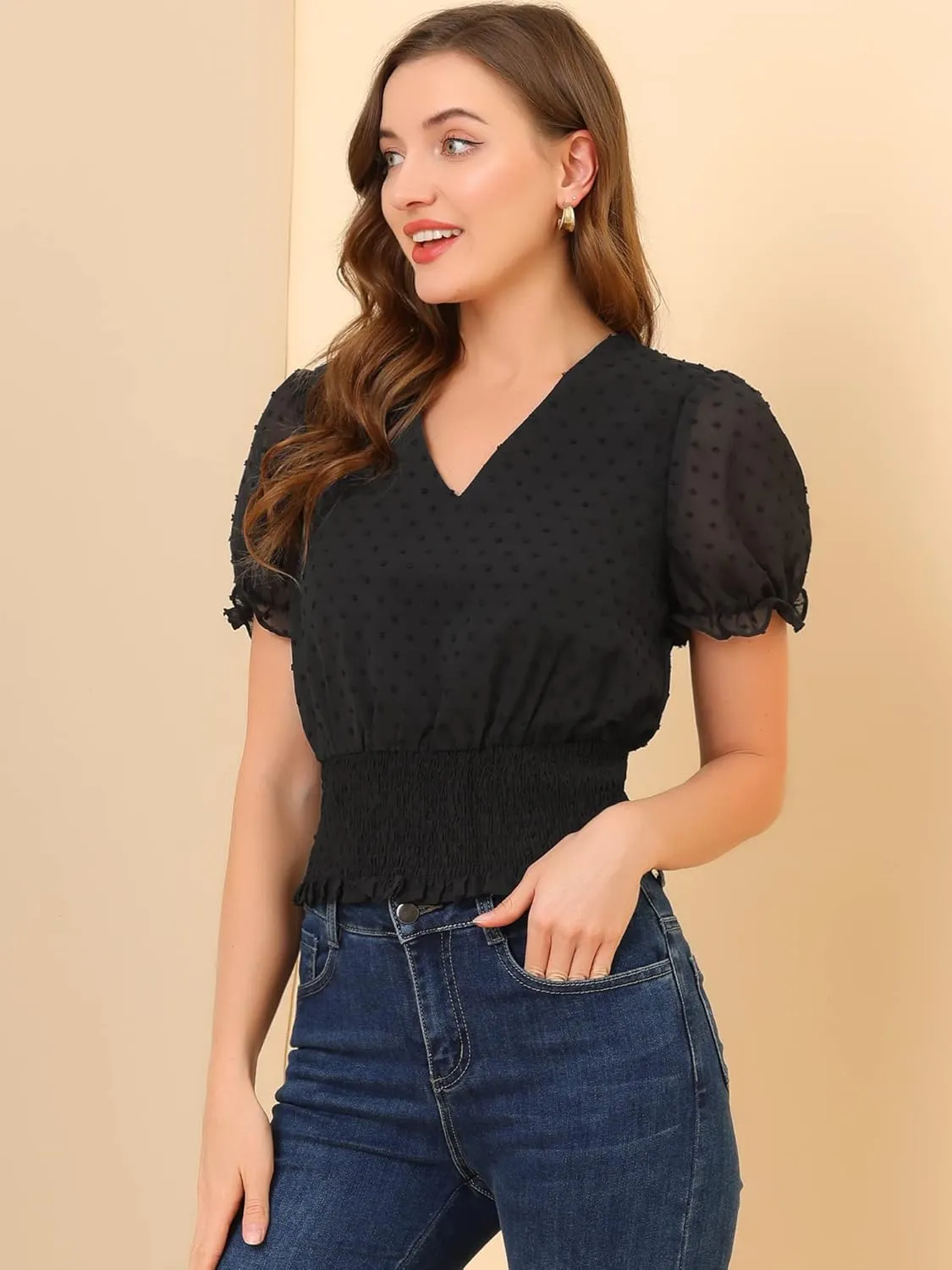 Allegra K Women's 2023 V Neck Short Puff Sleeve Swiss Dots Smocked Waist Summer Tops
