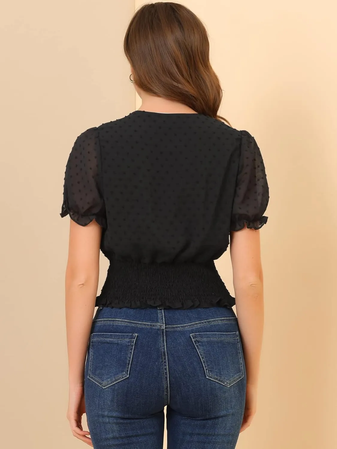 Allegra K Women's 2023 V Neck Short Puff Sleeve Swiss Dots Smocked Waist Summer Tops