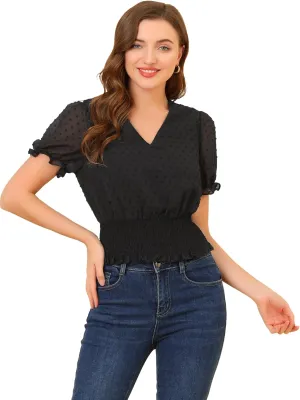 Allegra K Women's 2023 V Neck Short Puff Sleeve Swiss Dots Smocked Waist Summer Tops