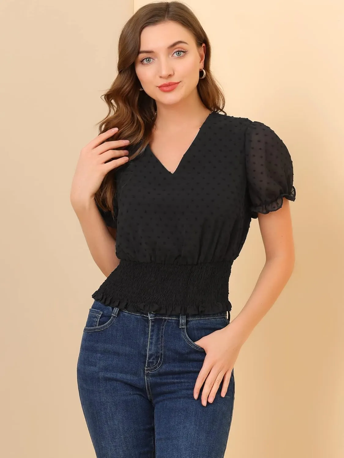 Allegra K Women's 2023 V Neck Short Puff Sleeve Swiss Dots Smocked Waist Summer Tops
