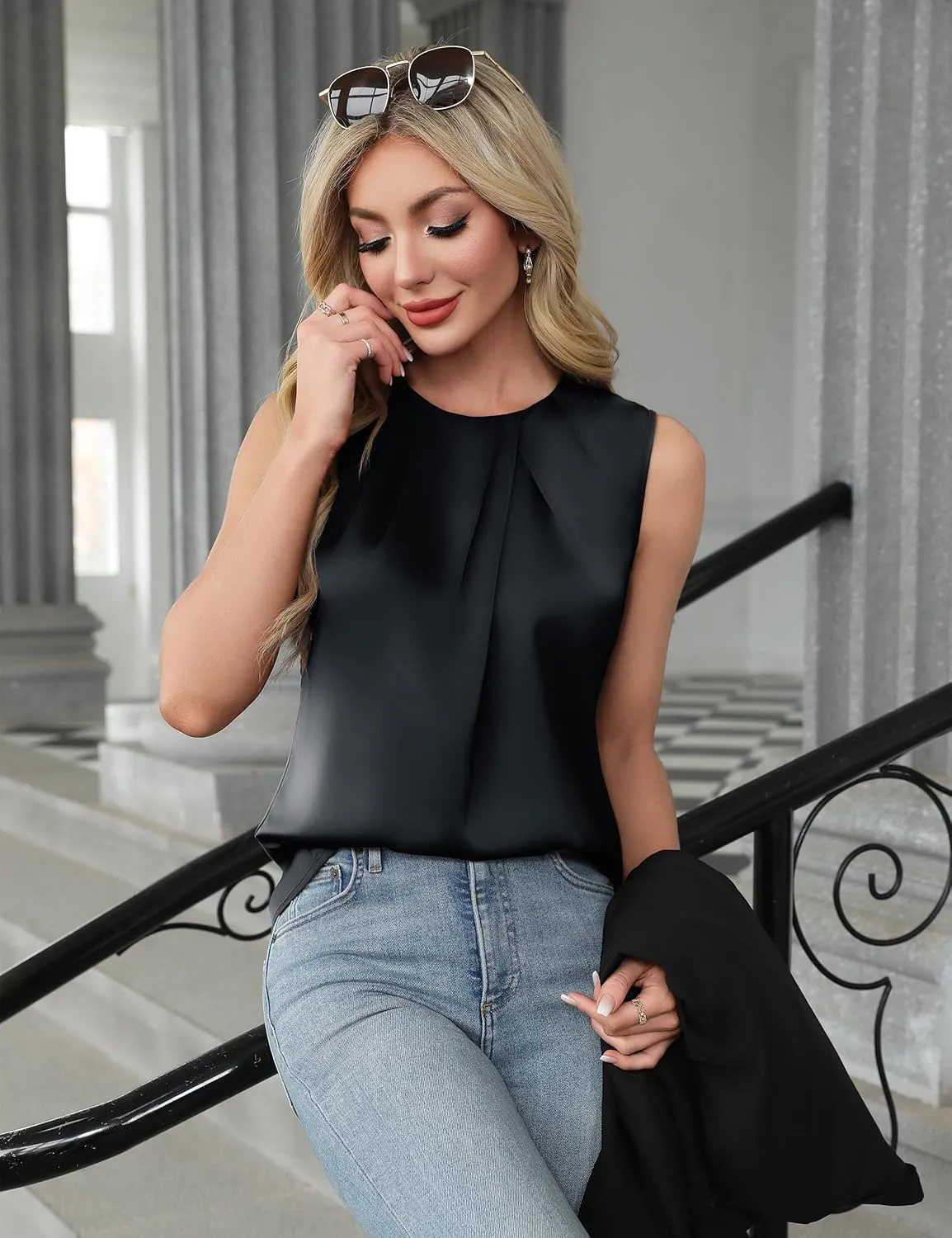Blooming Jelly Womens Summer Tank Tops Business Casual Outfits Satin Blouse Dressy Work Shirts Spring Clothes