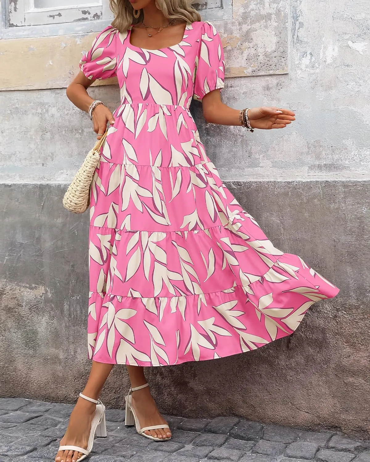 BTFBM Women's Boho Summer Dresses Short Sleeve Floral Print Smocked Tie Back Tiered A-Line Flowy Cruise Vacation Dress