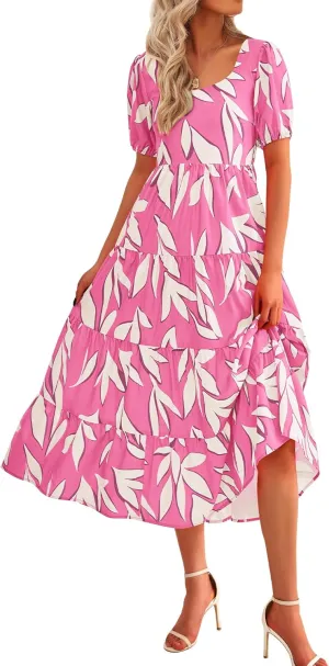 BTFBM Women's Boho Summer Dresses Short Sleeve Floral Print Smocked Tie Back Tiered A-Line Flowy Cruise Vacation Dress