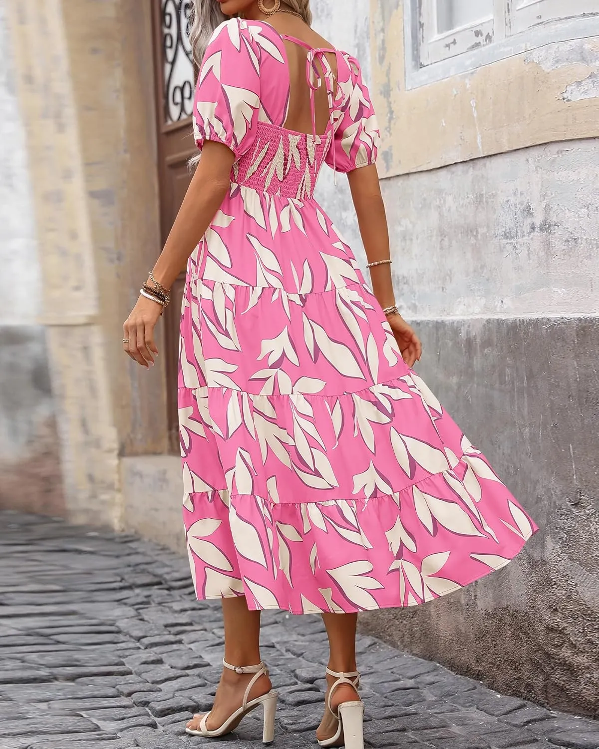 BTFBM Women's Boho Summer Dresses Short Sleeve Floral Print Smocked Tie Back Tiered A-Line Flowy Cruise Vacation Dress
