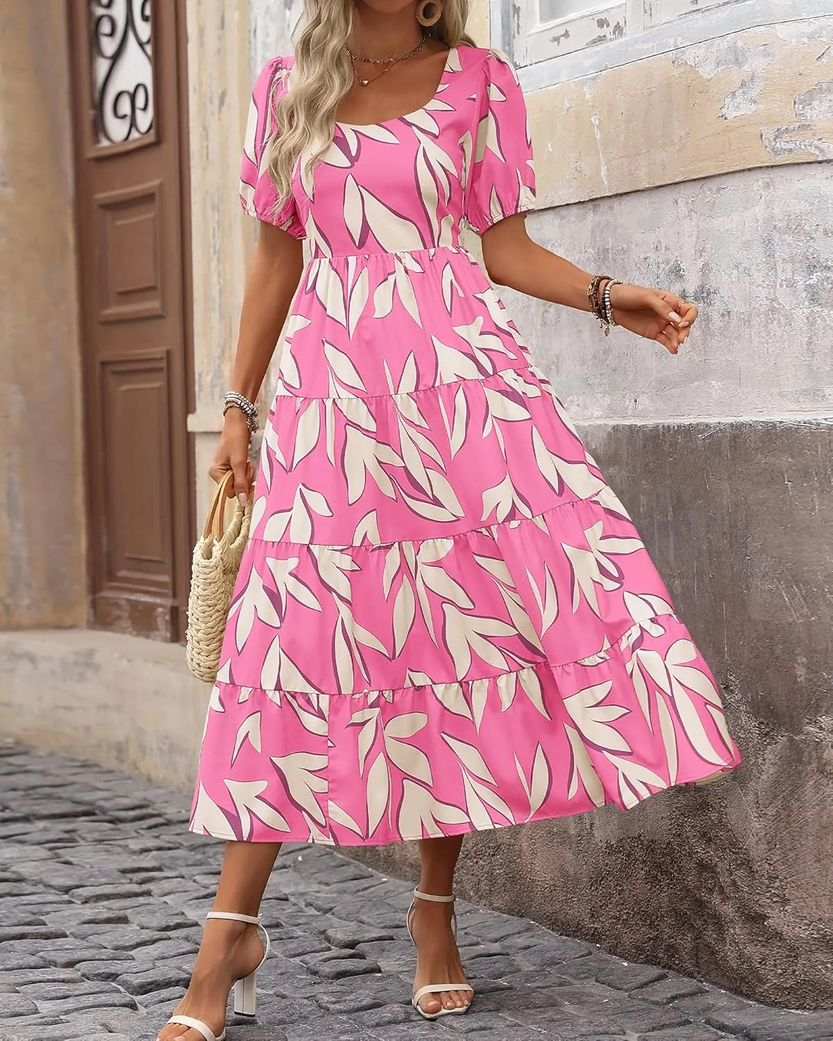BTFBM Women's Boho Summer Dresses Short Sleeve Floral Print Smocked Tie Back Tiered A-Line Flowy Cruise Vacation Dress