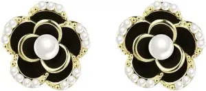 Channel V Vintage Black Rose Earrings Silver Post for Women Black White Flower Small Pearl Earring for Birthday Valentine's Day Gift