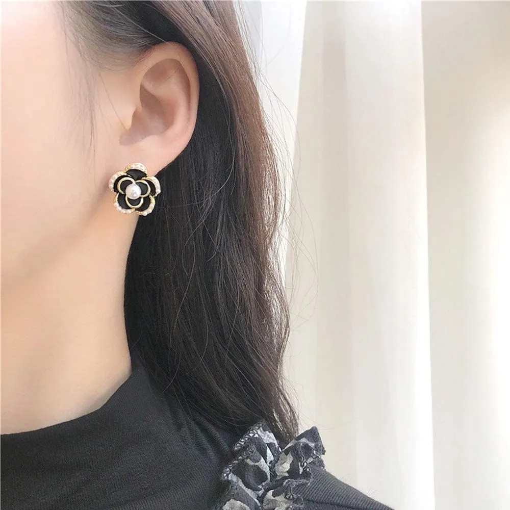 Channel V Vintage Black Rose Earrings Silver Post for Women Black White Flower Small Pearl Earring for Birthday Valentine's Day Gift