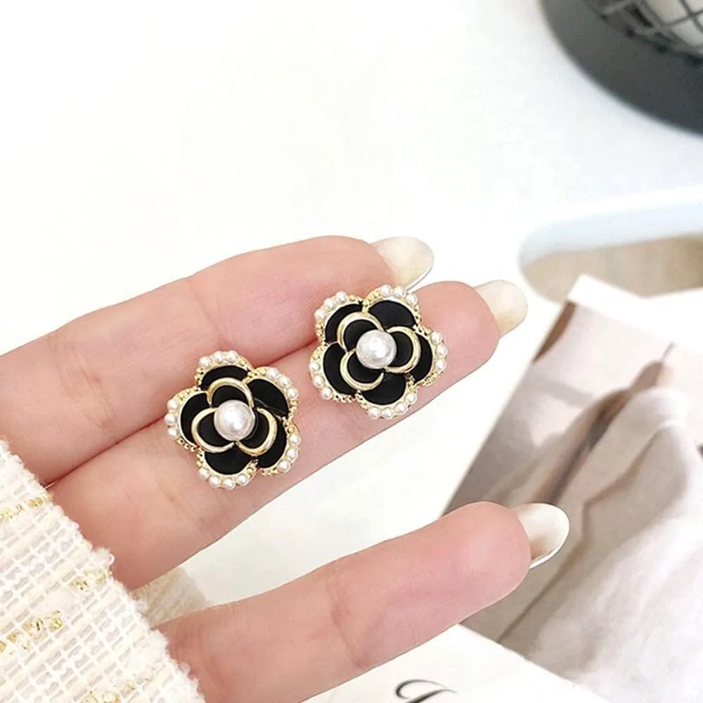 Channel V Vintage Black Rose Earrings Silver Post for Women Black White Flower Small Pearl Earring for Birthday Valentine's Day Gift