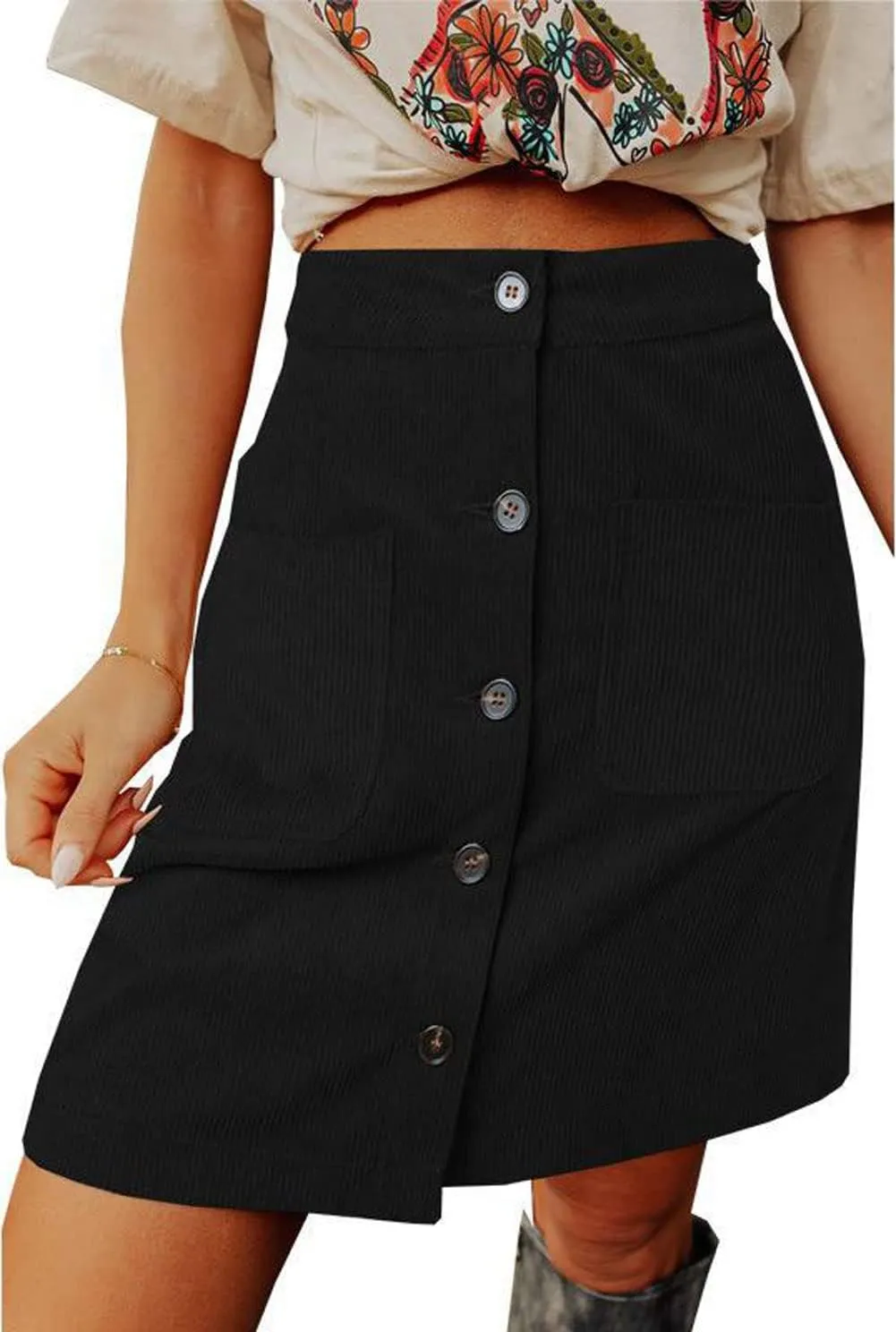 CHARTOU Women Corduroy Skirt Suede Pencil Skirt Office High Waist Button Bodycon Skirt Knee Length