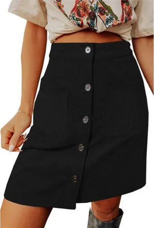 CHARTOU Women Corduroy Skirt Suede Pencil Skirt Office High Waist Button Bodycon Skirt Knee Length