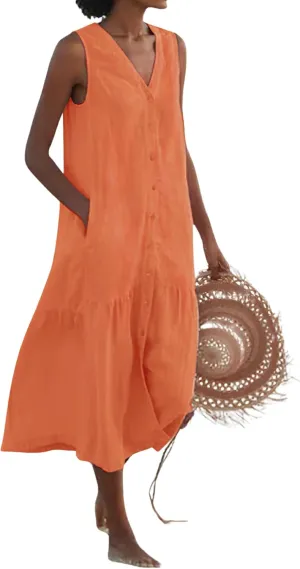 chouyatou Women's Summer Sleeveless Button Down Cotton Tank Dress Loose A-Line Tiered Tunic Beach Dress