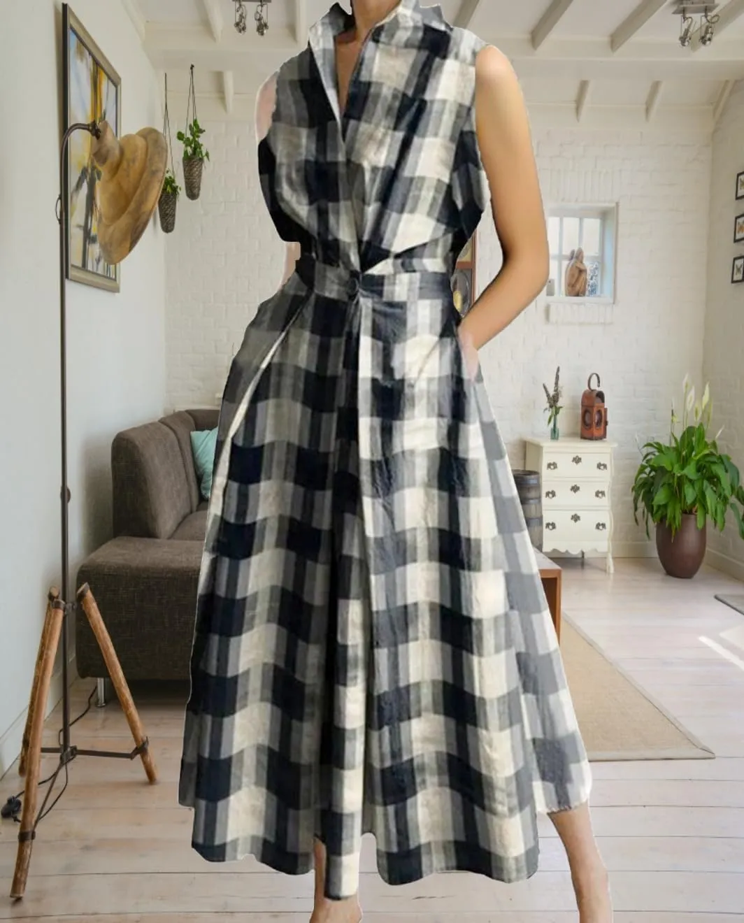 Cotton Linen Maxi Shirt Dress for Women Casual Lapel V Neck Button Shirtwaist Pleated Long Dresses with Pockets