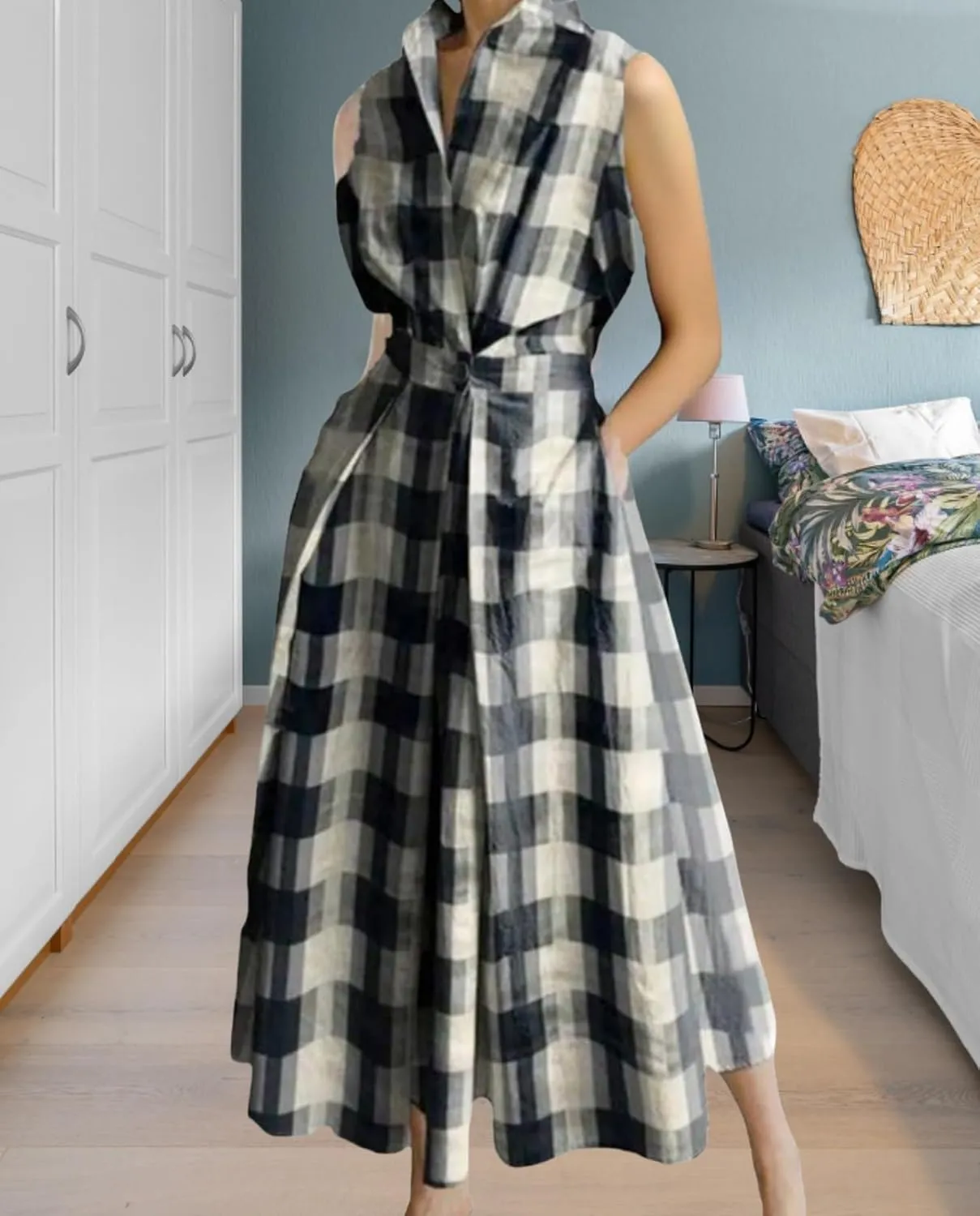 Cotton Linen Maxi Shirt Dress for Women Casual Lapel V Neck Button Shirtwaist Pleated Long Dresses with Pockets