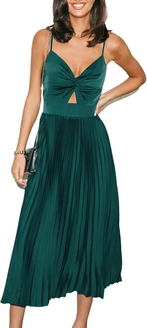 CUPSHE Midi Dress for Women 2025 Party Spaghetti Straps Sleeveless Pleated Cutout Formal Dress