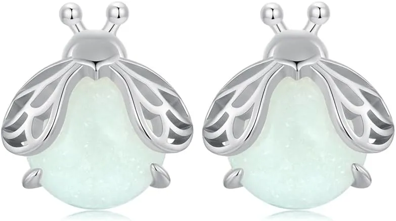 Cute Firefly Luminous Stone Earrings for Women 925 Sterling Silver Hypoallergenic Green Tiny Insect Animal Bird Stud Cartilage Piercing Glow in the Dark Earring Dainty Birthday Christmas Jewelry Gifts for Pet-lover