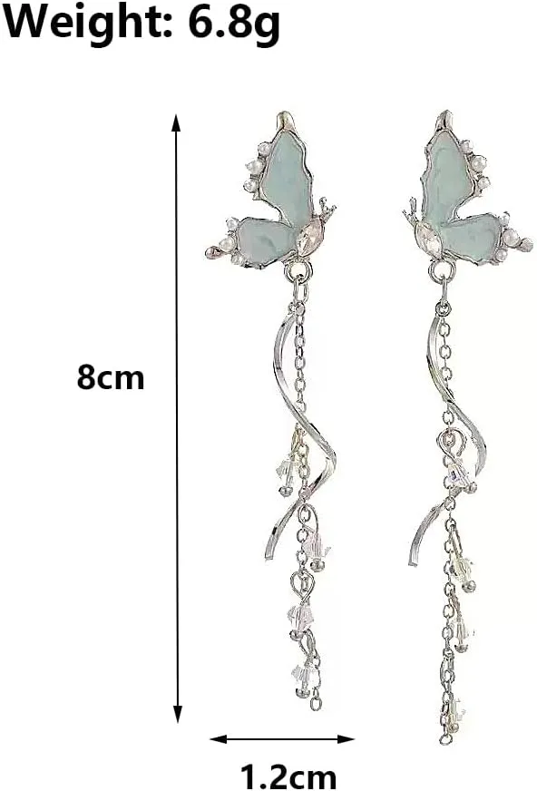 Dainty Silver Butterfly Dangle Earring Charming Shiny Crystal Pearl Tassel Earring Hypoallergenic Statement Earring Trendy Prom Jewelry Gift for Women (Blue)