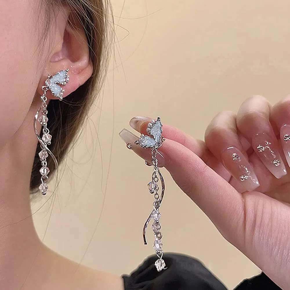Dainty Silver Butterfly Dangle Earring Charming Shiny Crystal Pearl Tassel Earring Hypoallergenic Statement Earring Trendy Prom Jewelry Gift for Women (Blue)