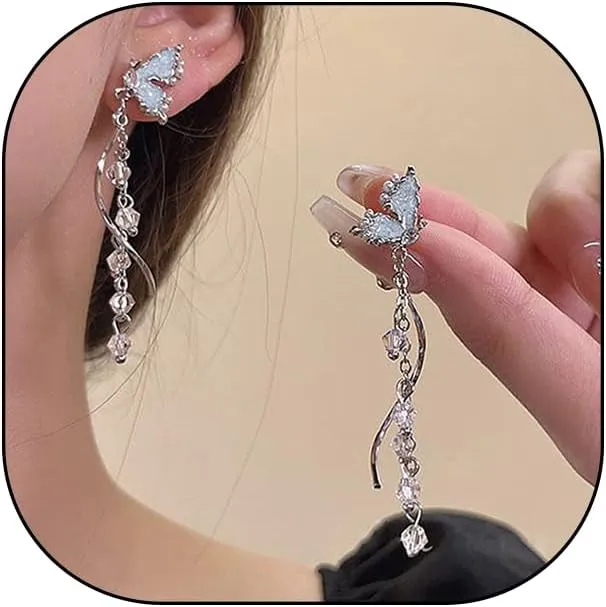 Dainty Silver Butterfly Dangle Earring Charming Shiny Crystal Pearl Tassel Earring Hypoallergenic Statement Earring Trendy Prom Jewelry Gift for Women (Blue)