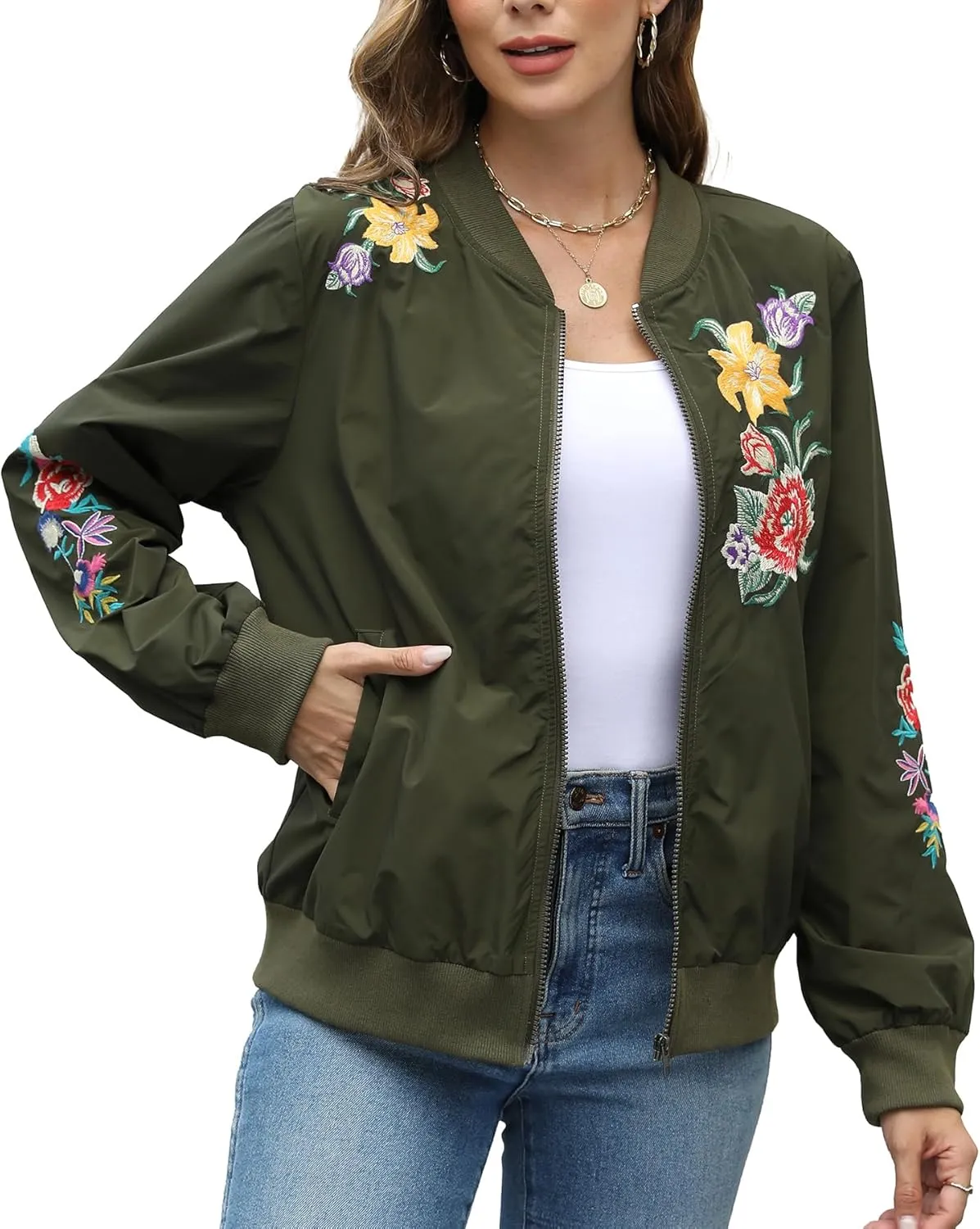 Higustar embroidery Jackets for Women Bomber Satin Floral Embroidered Mexican Style Outwear Jacket Spring Fall Zip Up Coat