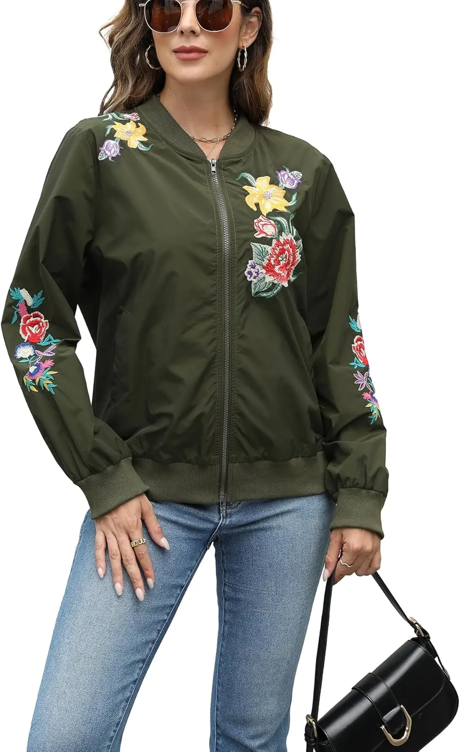 Higustar embroidery Jackets for Women Bomber Satin Floral Embroidered Mexican Style Outwear Jacket Spring Fall Zip Up Coat