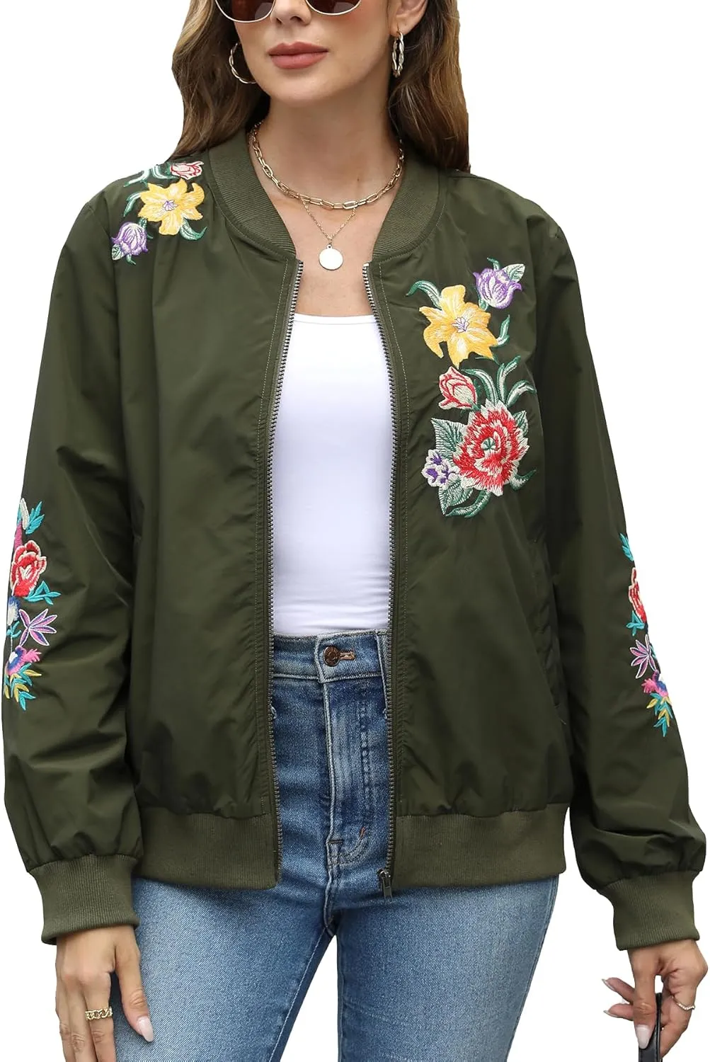Higustar embroidery Jackets for Women Bomber Satin Floral Embroidered Mexican Style Outwear Jacket Spring Fall Zip Up Coat