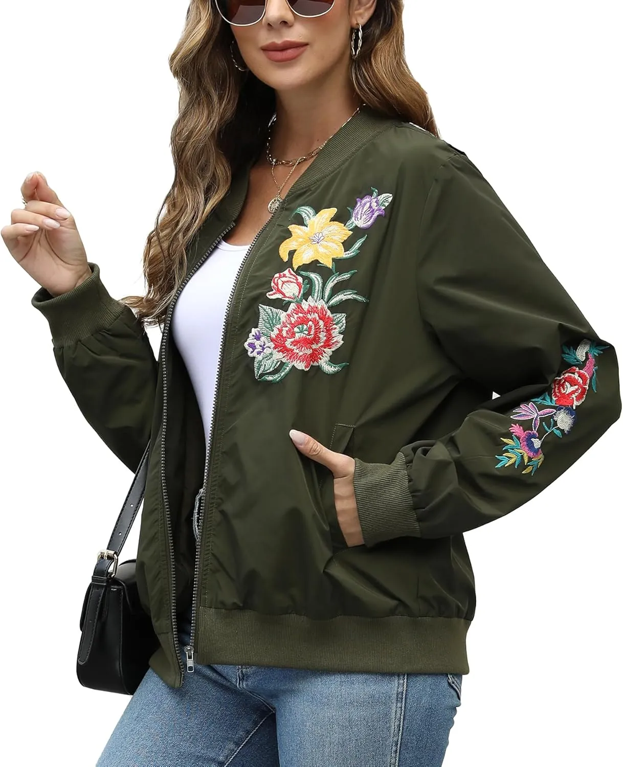 Higustar embroidery Jackets for Women Bomber Satin Floral Embroidered Mexican Style Outwear Jacket Spring Fall Zip Up Coat