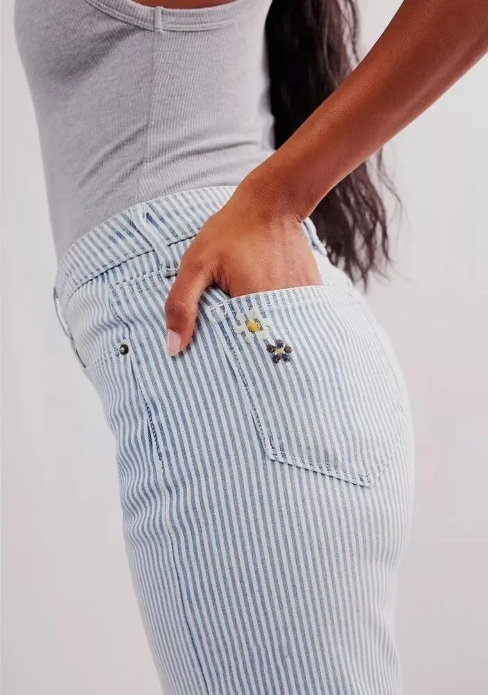 Kedera Women Embroidered Striped Pants Wide Leg Long Baggy Trousers 2025 High Waisted Loose Denim Jeans with Pocket