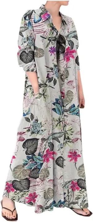Ladyful Women's Floral Printed Cotton Linen Shirt Dress Button Down Llong Shirtdress Casual Beach Maxi Sundress