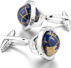 LBFEEL Really Spins Rhodium Plated Blue Globe Earth Cufflinks for Men with a Gift Box