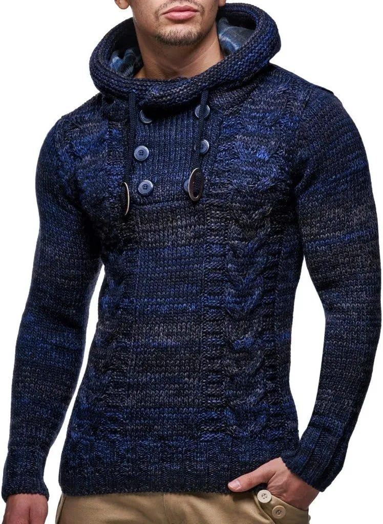 Leif Nelson Men's Knitted Sweater - Slim Pullover Sweaters for Men with Hoodie
