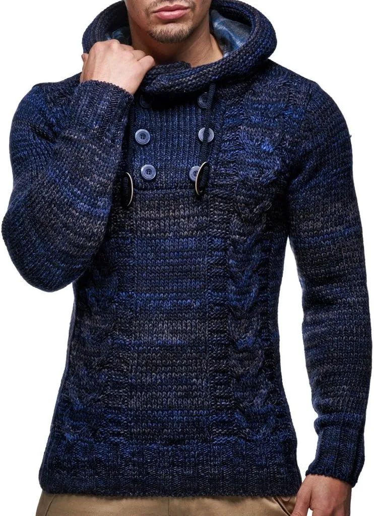 Leif Nelson Men's Knitted Sweater - Slim Pullover Sweaters for Men with Hoodie