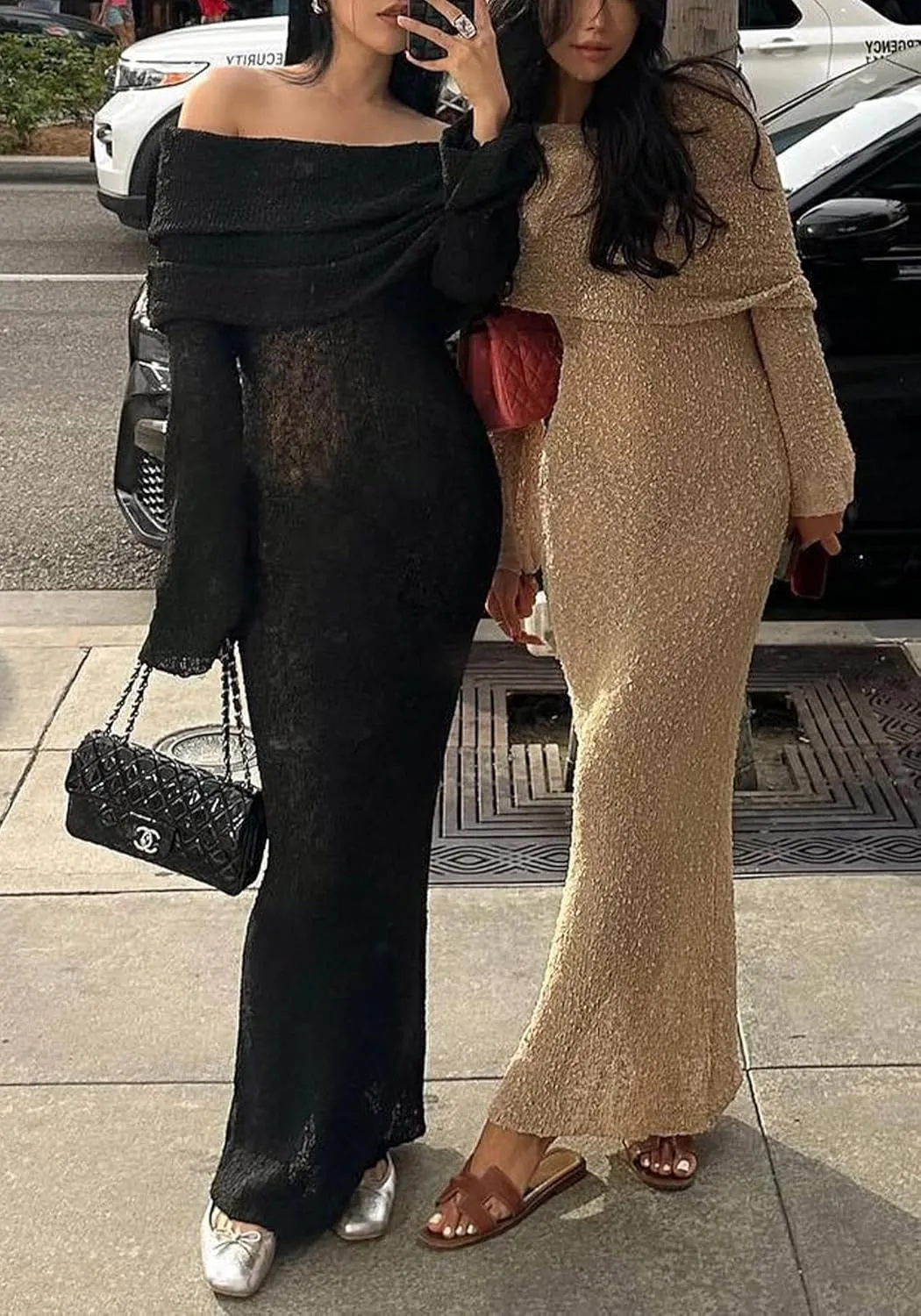 LETSVDO Women's Off Shoulder Maxi Dress Long Sleeve Bodycon Knit Crochet Mesh Sweater Sexy Vacation Party Dresses