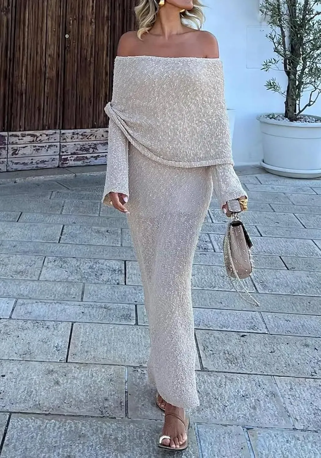 LETSVDO Women's Off Shoulder Maxi Dress Long Sleeve Bodycon Knit Crochet Mesh Sweater Sexy Vacation Party Dresses