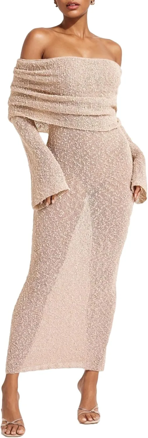 LETSVDO Women's Off Shoulder Maxi Dress Long Sleeve Bodycon Knit Crochet Mesh Sweater Sexy Vacation Party Dresses