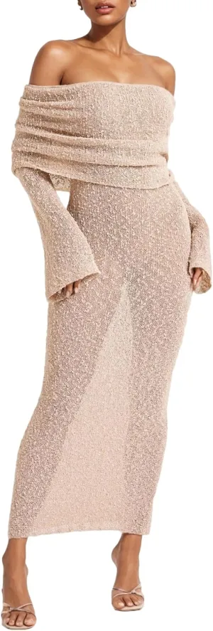 LETSVDO Women's Off Shoulder Maxi Dress Long Sleeve Bodycon Knit Crochet Mesh Sweater Sexy Vacation Party Dresses