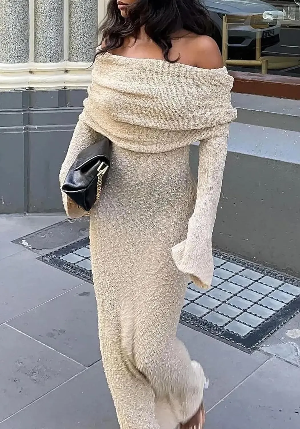 LETSVDO Women's Off Shoulder Maxi Dress Long Sleeve Bodycon Knit Crochet Mesh Sweater Sexy Vacation Party Dresses