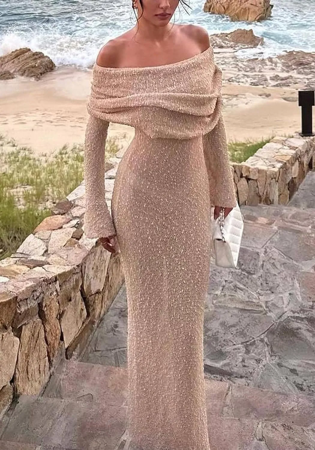 LETSVDO Women's Off Shoulder Maxi Dress Long Sleeve Bodycon Knit Crochet Mesh Sweater Sexy Vacation Party Dresses