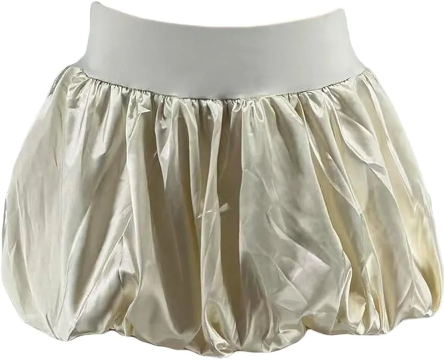 LETSVDO Women's Satin Bubble Mini Skirt Y2k Silk Puffy Ruffle Pleated High Waist A Line Balloon Short Skirts